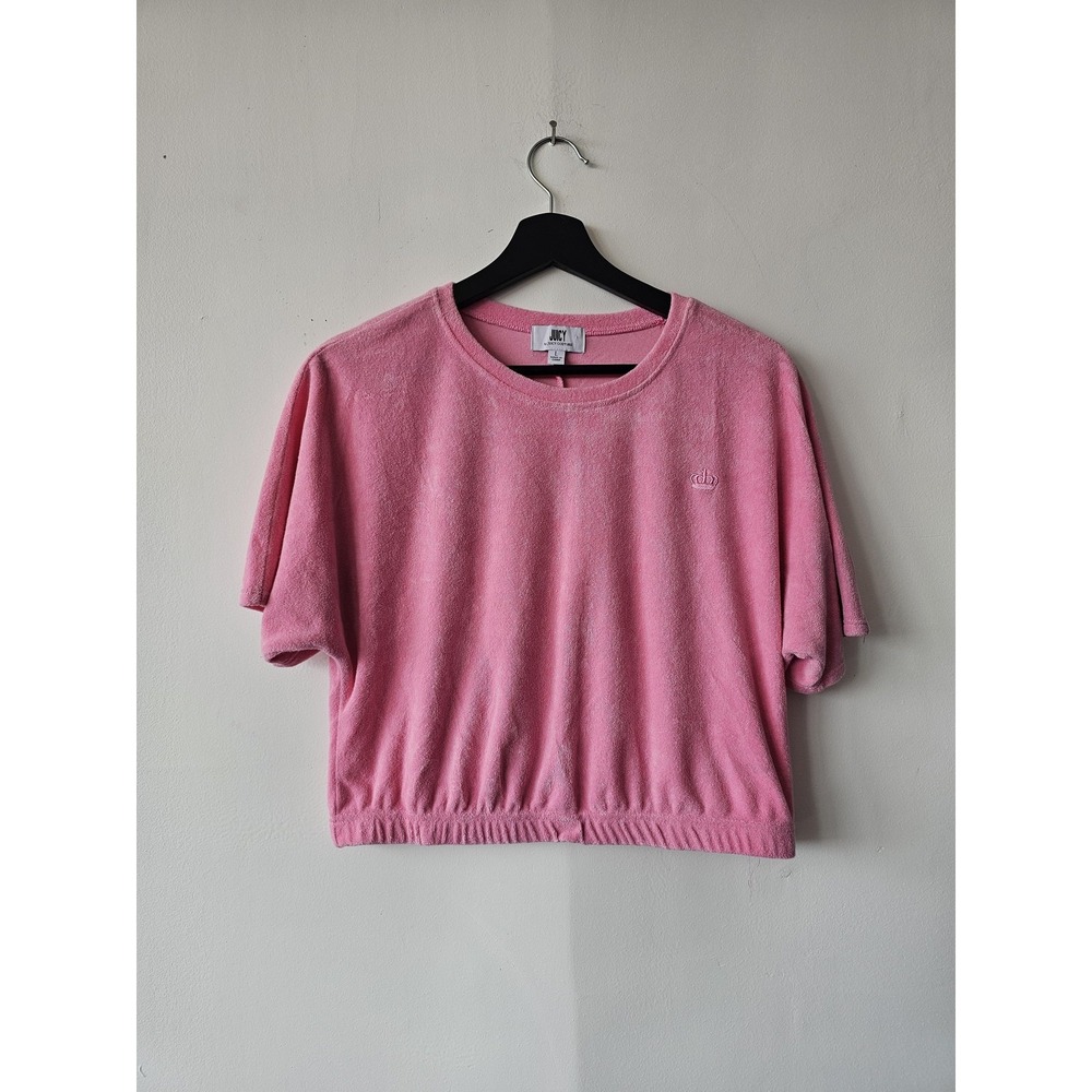 Juicy Couture Shirt Womens Large Terrycloth Short Sleeve‎ Pullover Crown Pink
